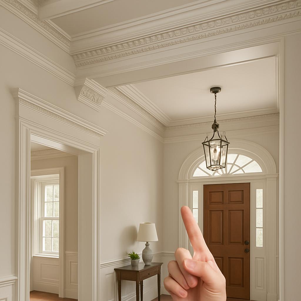 The carved molding patterns throughout the foyer, and a room beyond on the left-hand side of the image, provide aesthetic ...