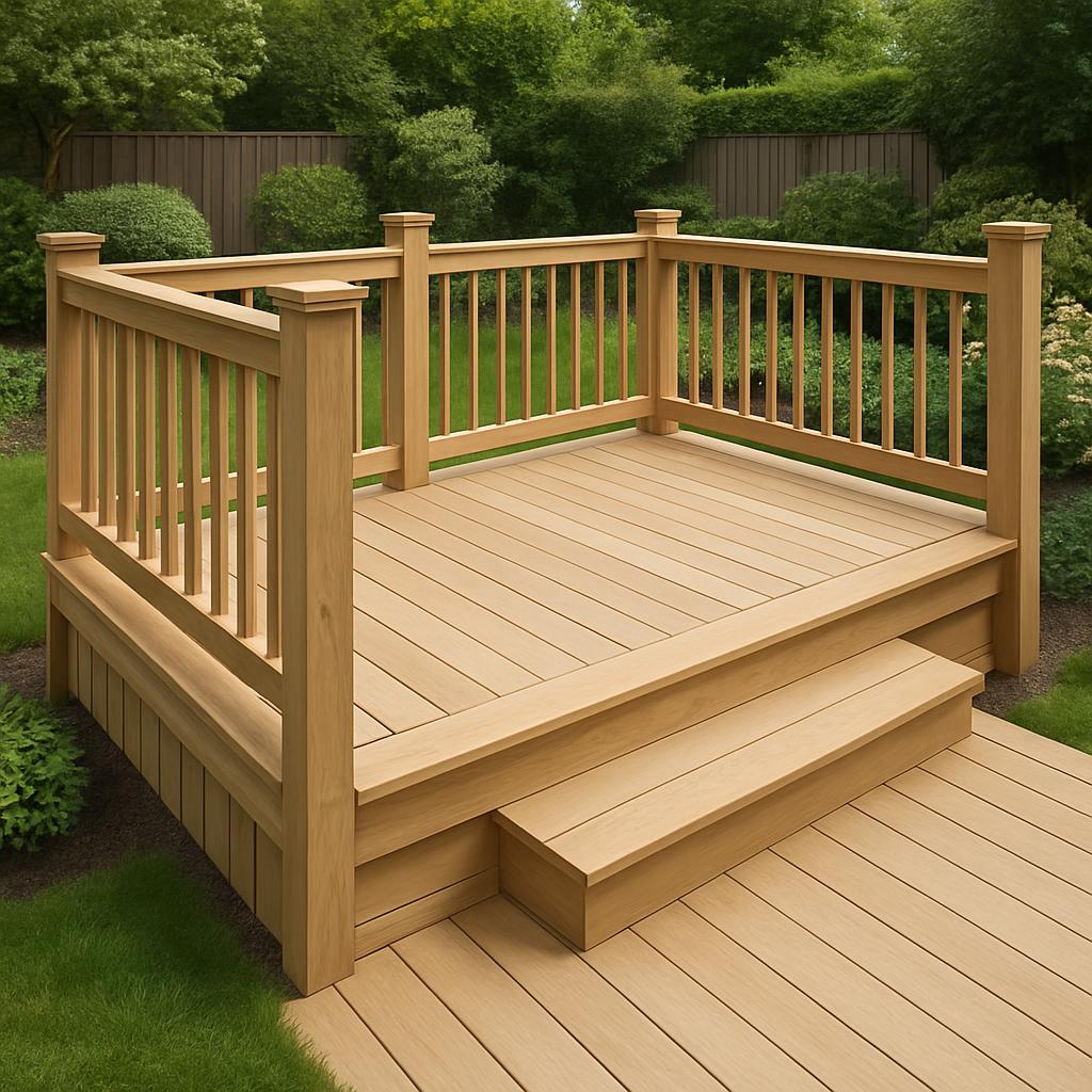 A backyard deck constructed from light-colored wooden planks, featuring a railing and stairs, surrounded by lush greenery ...